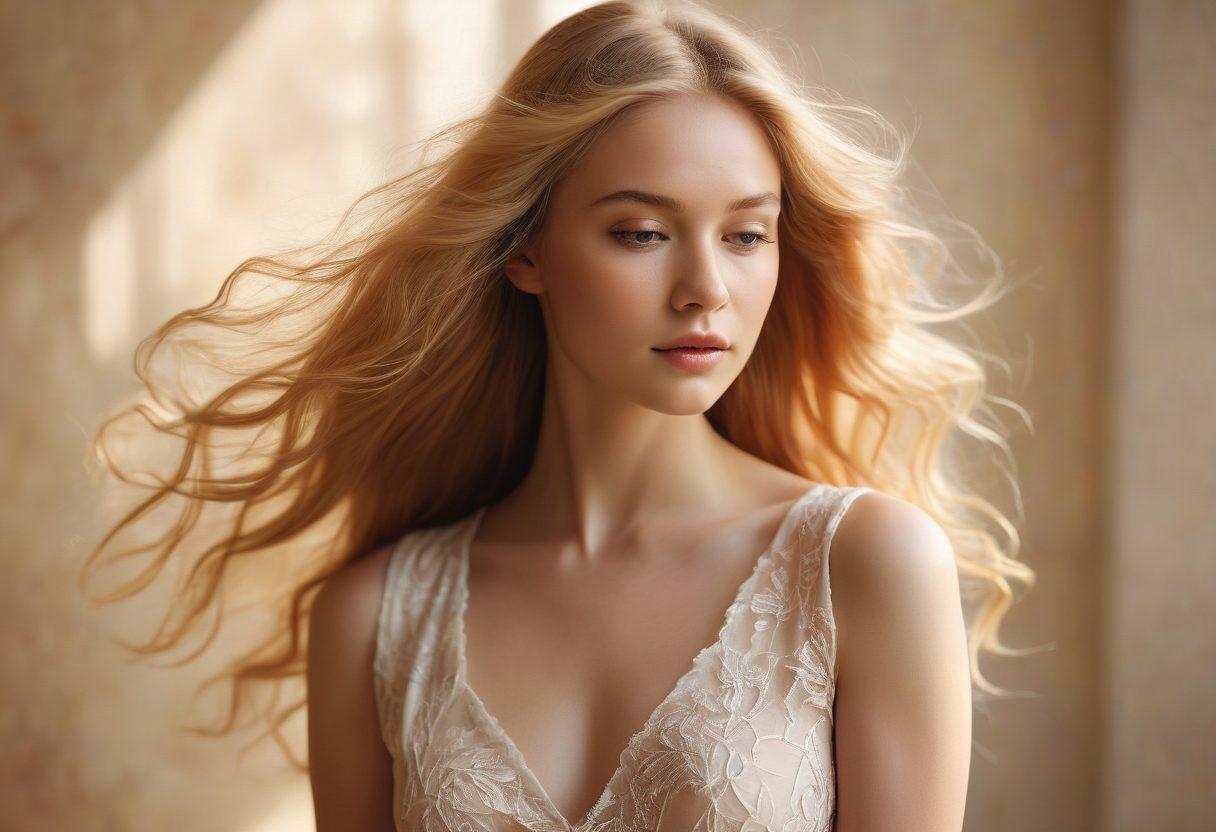 A captivating scene of an ethereal model with flowing golden locks, posed in a graceful nude position amidst soft, diffused natural light. The background features delicate, abstract patterns of light and shadow, enhancing the sensuality while preserving an artistic touch. Subtle hints of nature, like gentle flora, can be incorporated to create a harmonious feel. This image should evoke a sense of serenity and elegance. super-realistic. soft focus. warm tones.